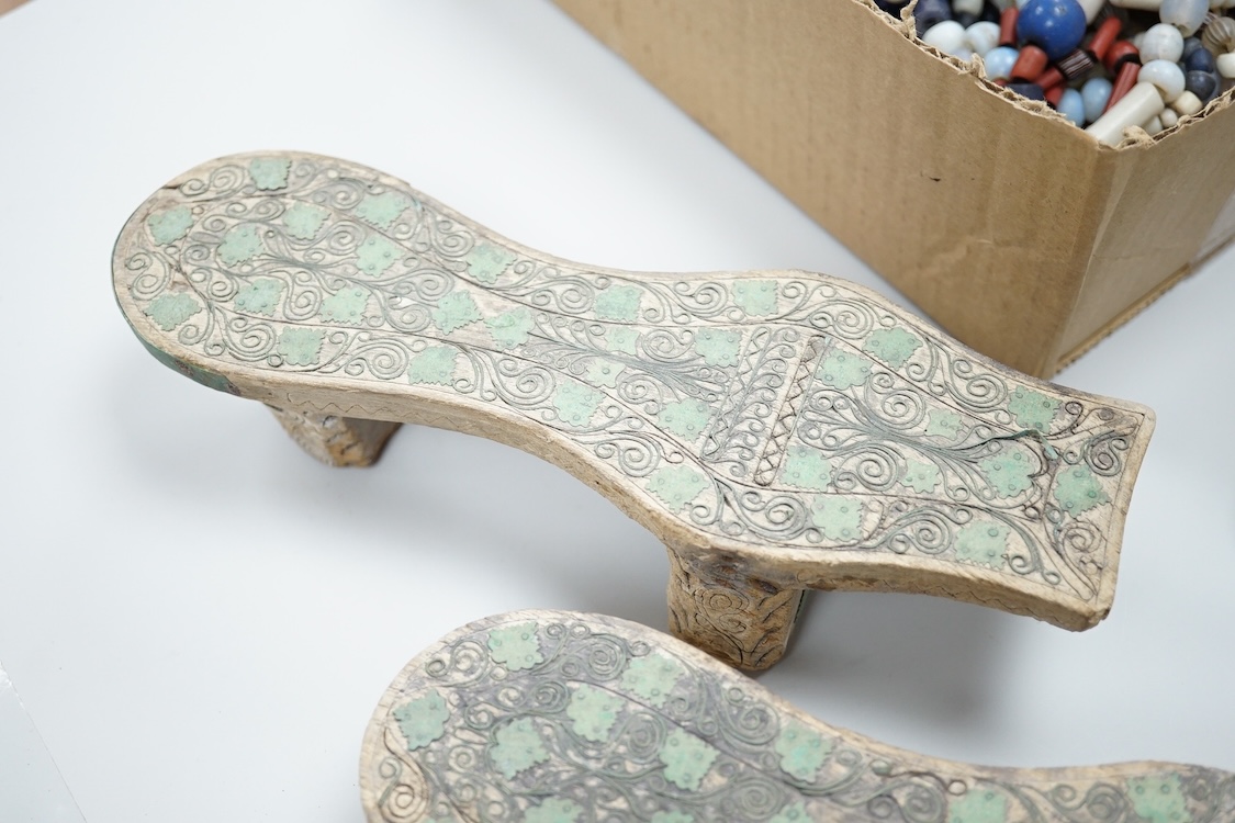 A pair of Turkish bath shoes, a collection of African beads and Middle Eastern vessels etc.